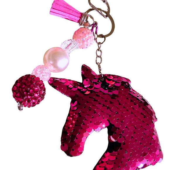 Sequin Unicorn Keychain, Hot Pink Tassel, Pearl Beads, Cute Sparkly Purse Charm - Picture 1 of 1